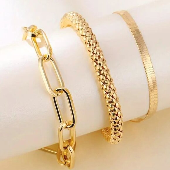 Gold Bracelet 3pc Set Snake Chain Herringbone Statement Stylish Glam Elegant - Picture 2 of 5